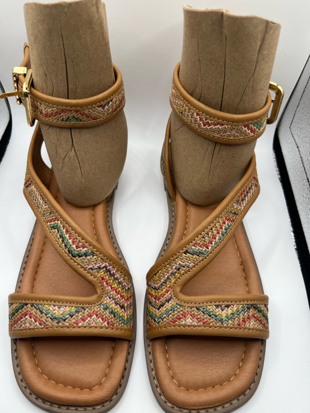 Crown Vintage Tan Sandals with Multicolor Woven Trim
